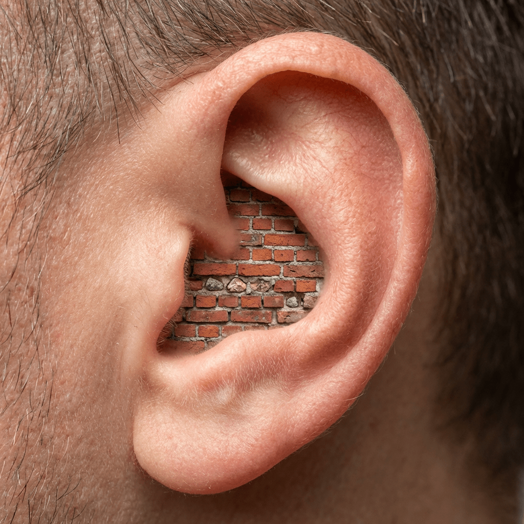 Close-up of a human ear with a red brick wall inside the ear canal.