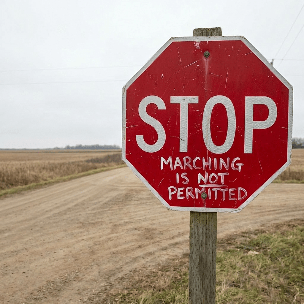 Stop sign saying STOP MARCHING IS NOT PERMITTED in front of a group of protesters.
