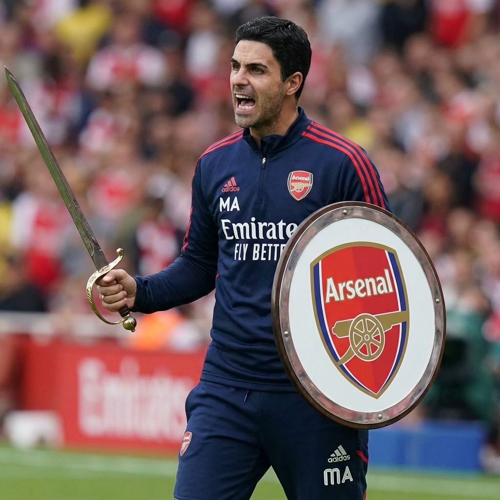 Mikel Arteta holding a sword and an Arsenal-branded shield in a football stadium.