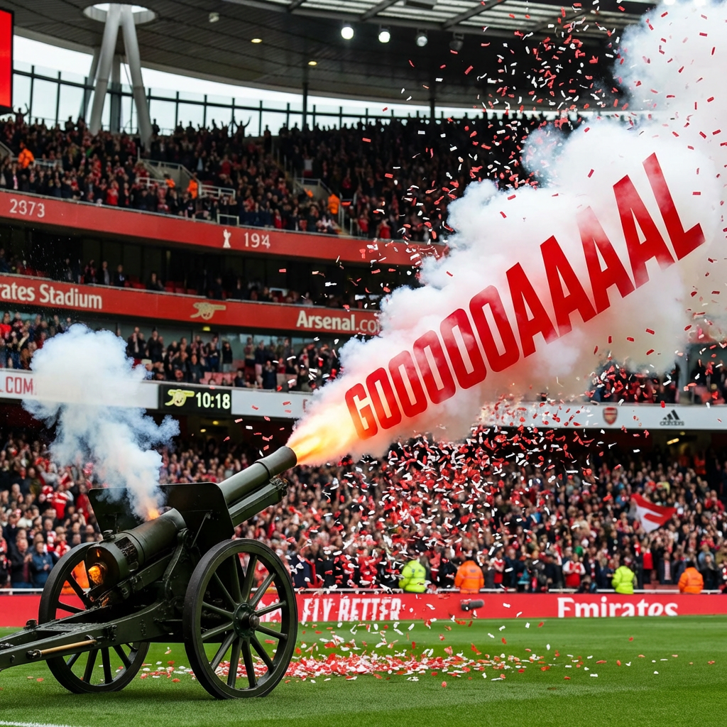 Cannon firing smoke and red confetti with GOOOOOAAAAL text at Emirates Stadium.