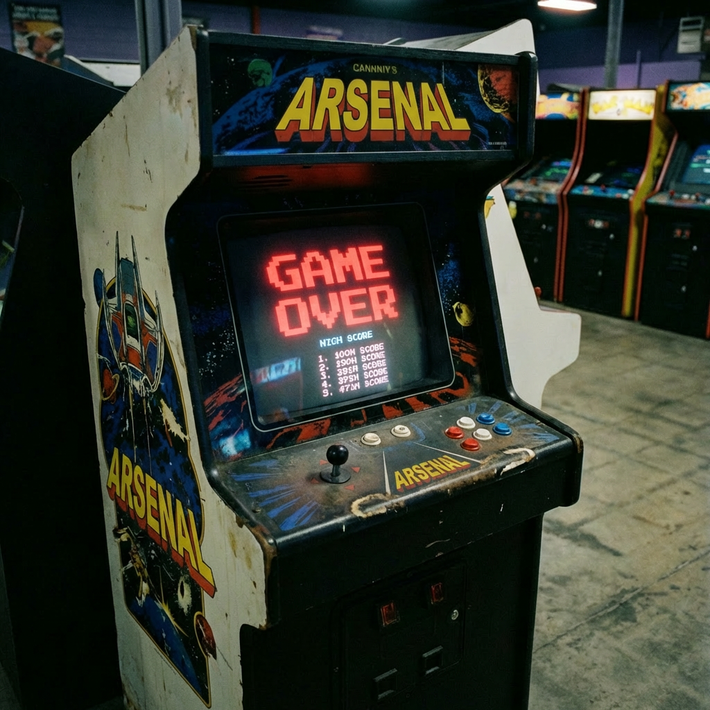 Galactic Defender arcade cabinet displaying a "GAME OVER" screen and high scores.