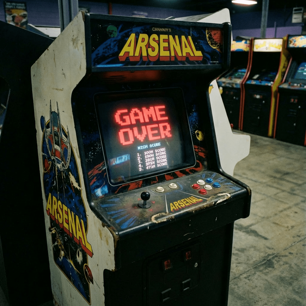 Galactic Defender arcade cabinet displaying a "GAME OVER" screen and high scores.