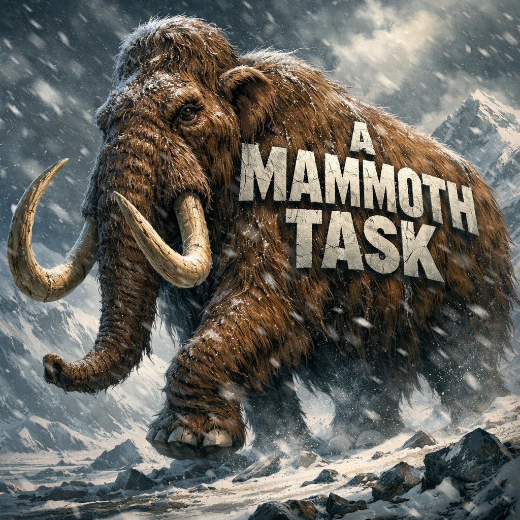 Woolly mammoth standing in a snowy mountainous landscape with the text 'A Mammoth Task' on its side