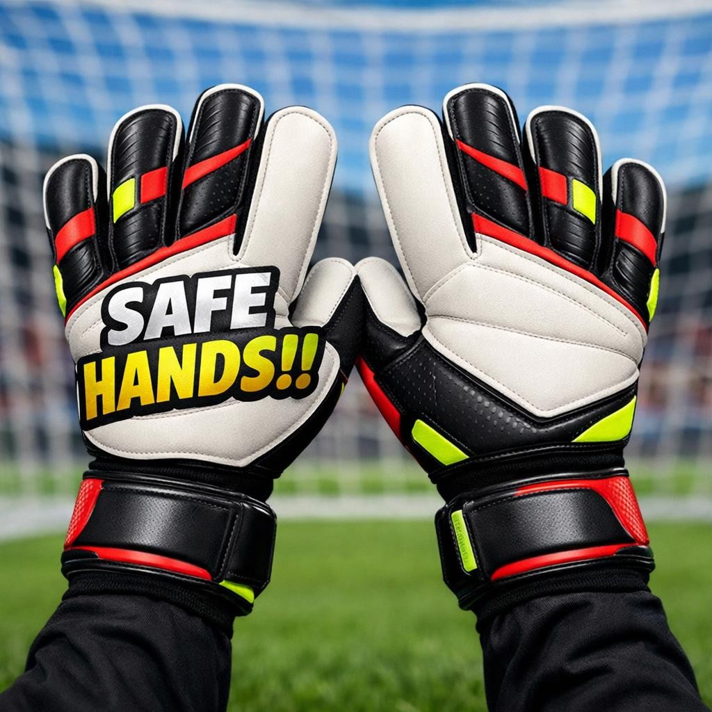 Pair of goalkeeper gloves with text SAFE HANDS!! on palms in front of soccer goal.