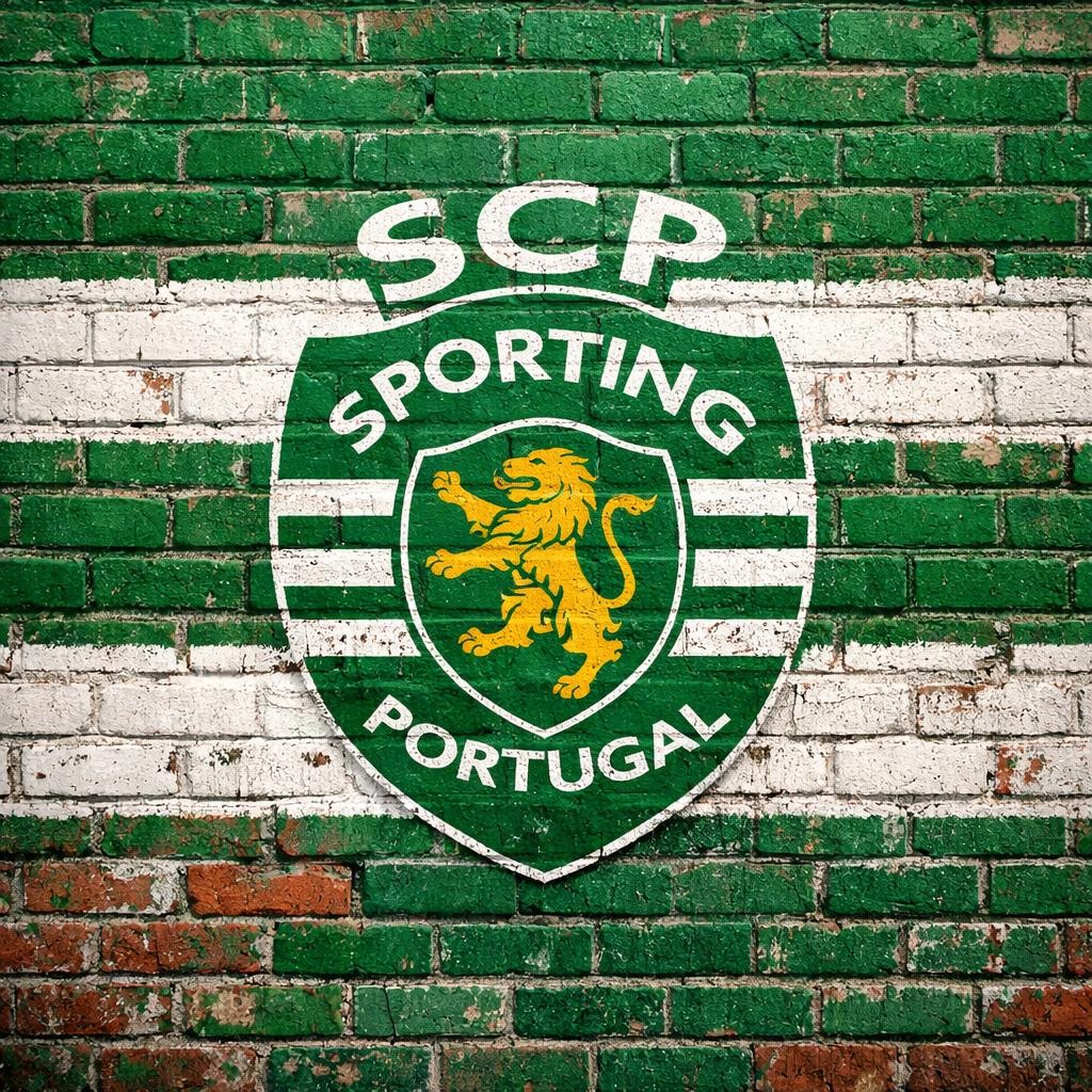 Sporting Portugal football club logo on green and white painted brick wall.