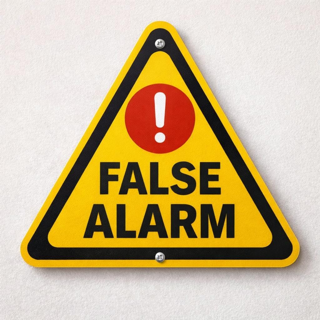 Yellow triangular warning sign with exclamation mark and text 'FALSE ALARM'
