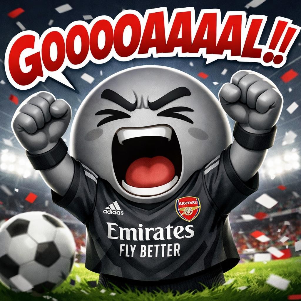 Animated character wearing Arsenal jersey celebrating a soccer goal with fists raised and shouting 'Gooooaaal'