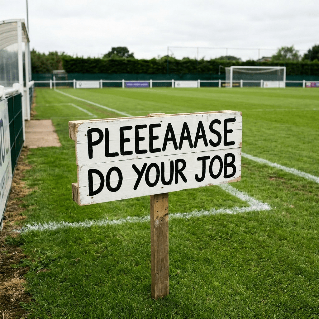 Wooden sign on soccer field reading 'PLEEEAAASE DO YOUR JOB'