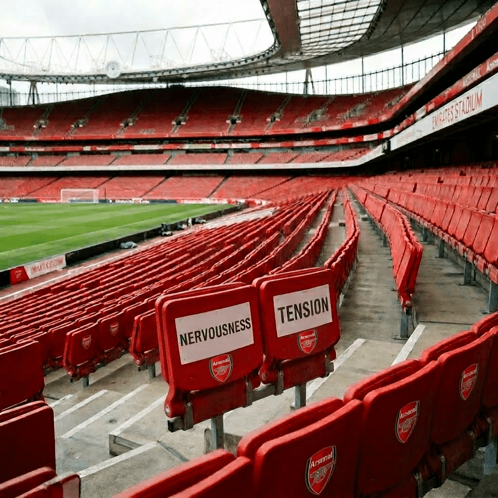 Empty red stadium seats with labels 'Nervousness' and 'Tension' in an empty football stadium