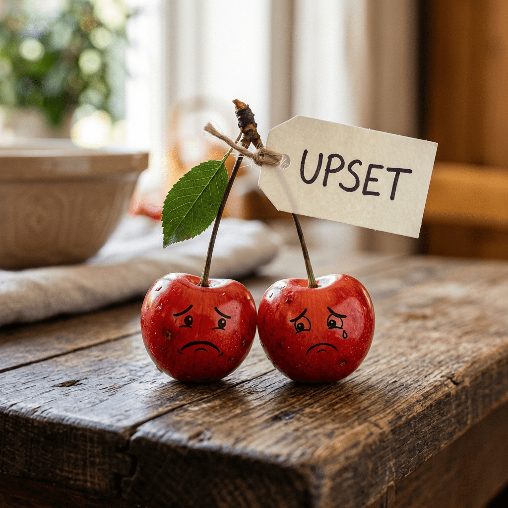 Two cherries with sad facial expressions and one cherry has a tear, attached to a tag labeled 'UPSET'