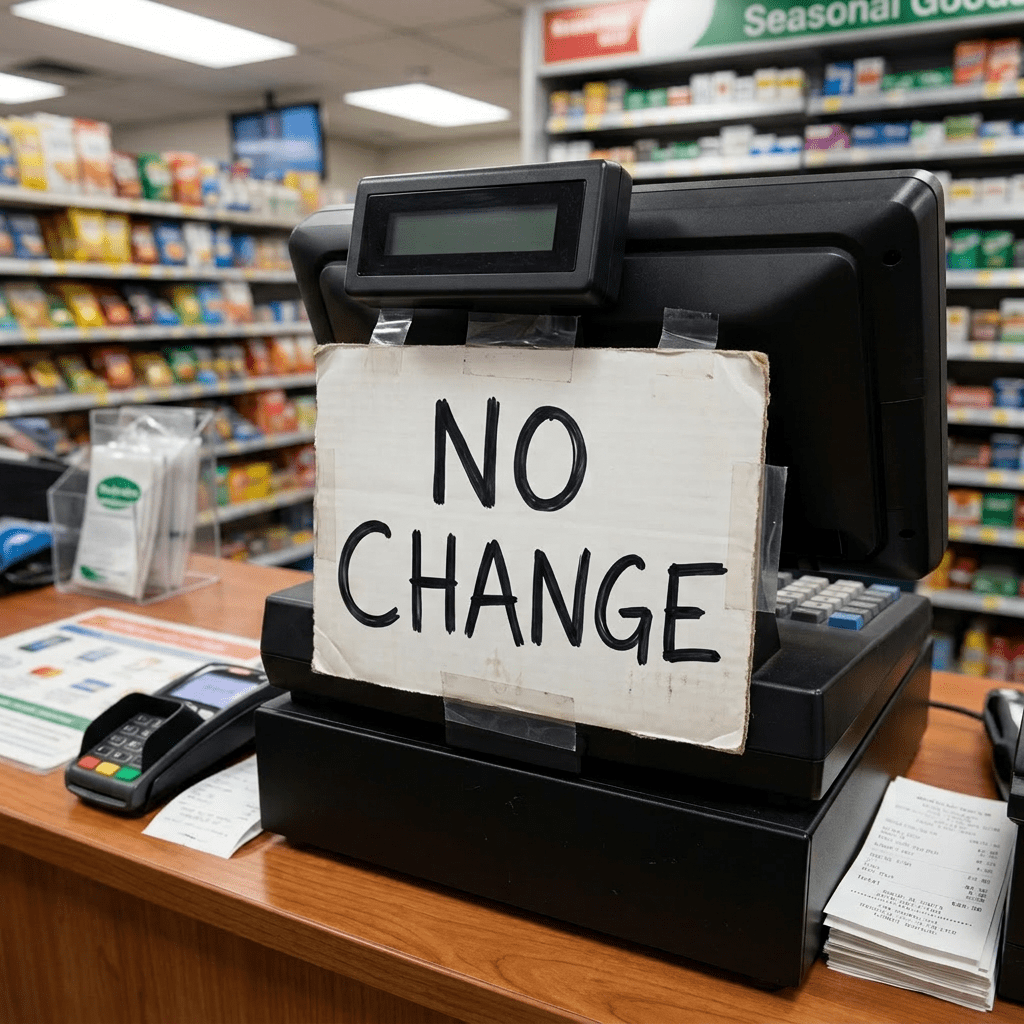 Handwritten sign saying NO CHANGE taped to a cash register at a store checkout counter