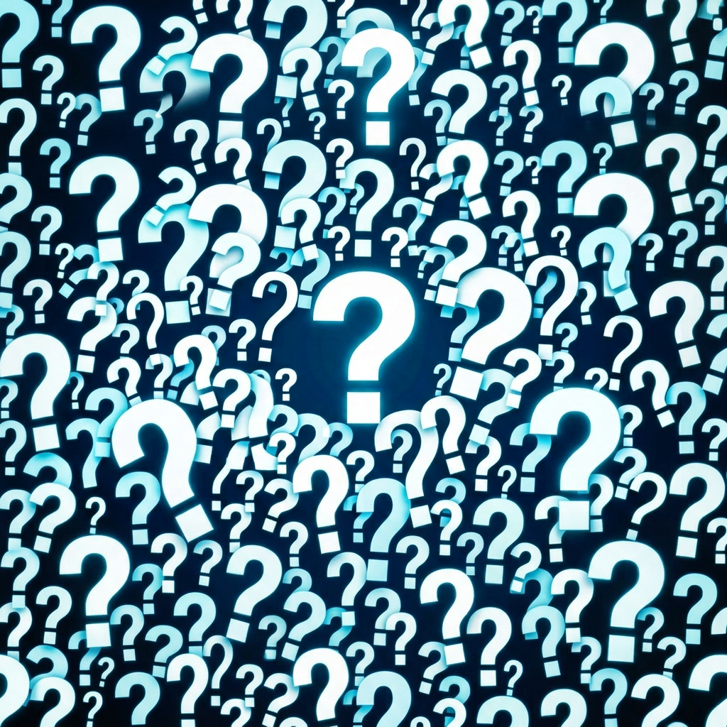 Computer monitor showing multiple illuminated question marks on screen