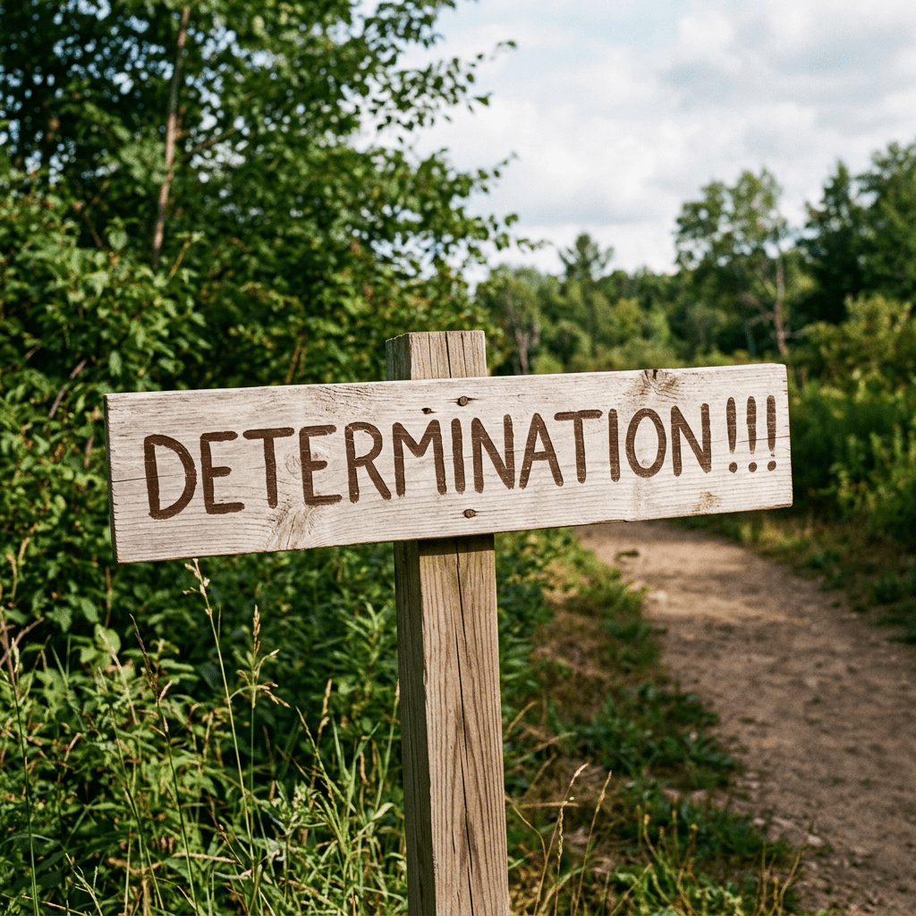 Wooden sign with the word 'DETERMINATION!!!' on a post next to a forest path