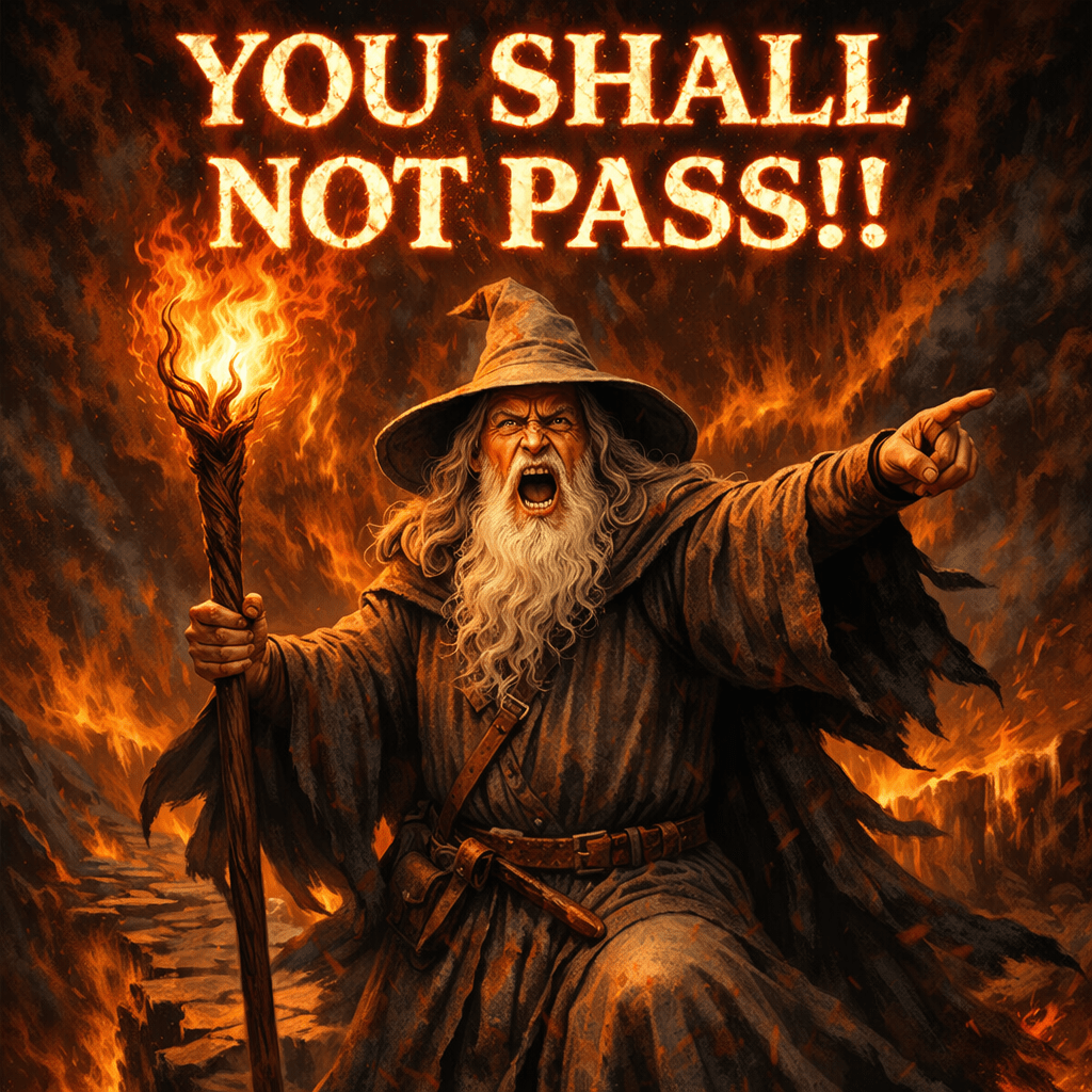 Wizard in robe yelling and pointing while holding a flaming staff