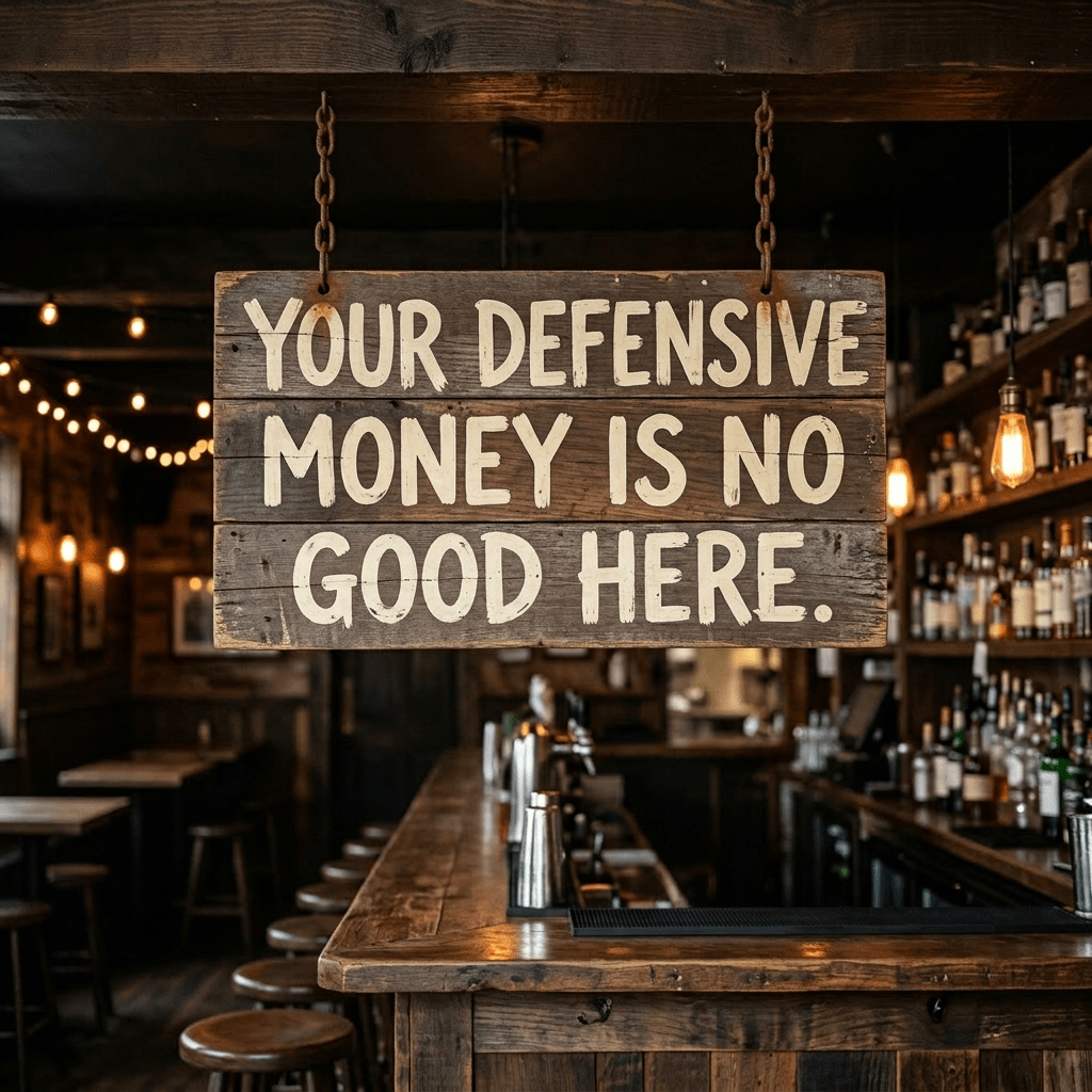 Wooden sign reading 'Your defensive money is no good here' hanging in a bar