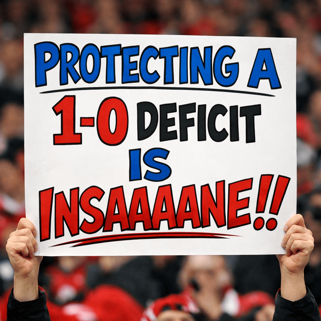 Sign reading 'Protecting a 1-0 deficit is insaaaane!!' held by hands