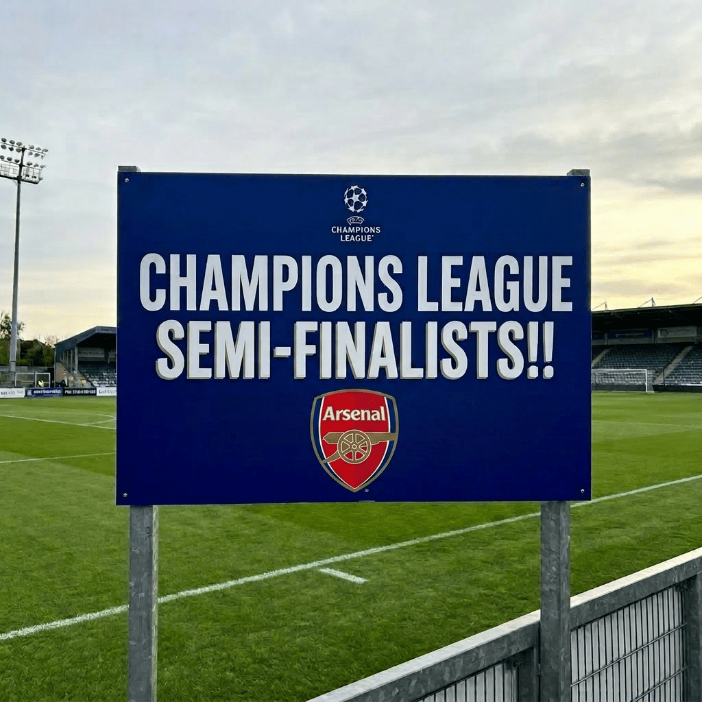 Sign announcing Champions League semi-finalists and home club for 2023/2024 season