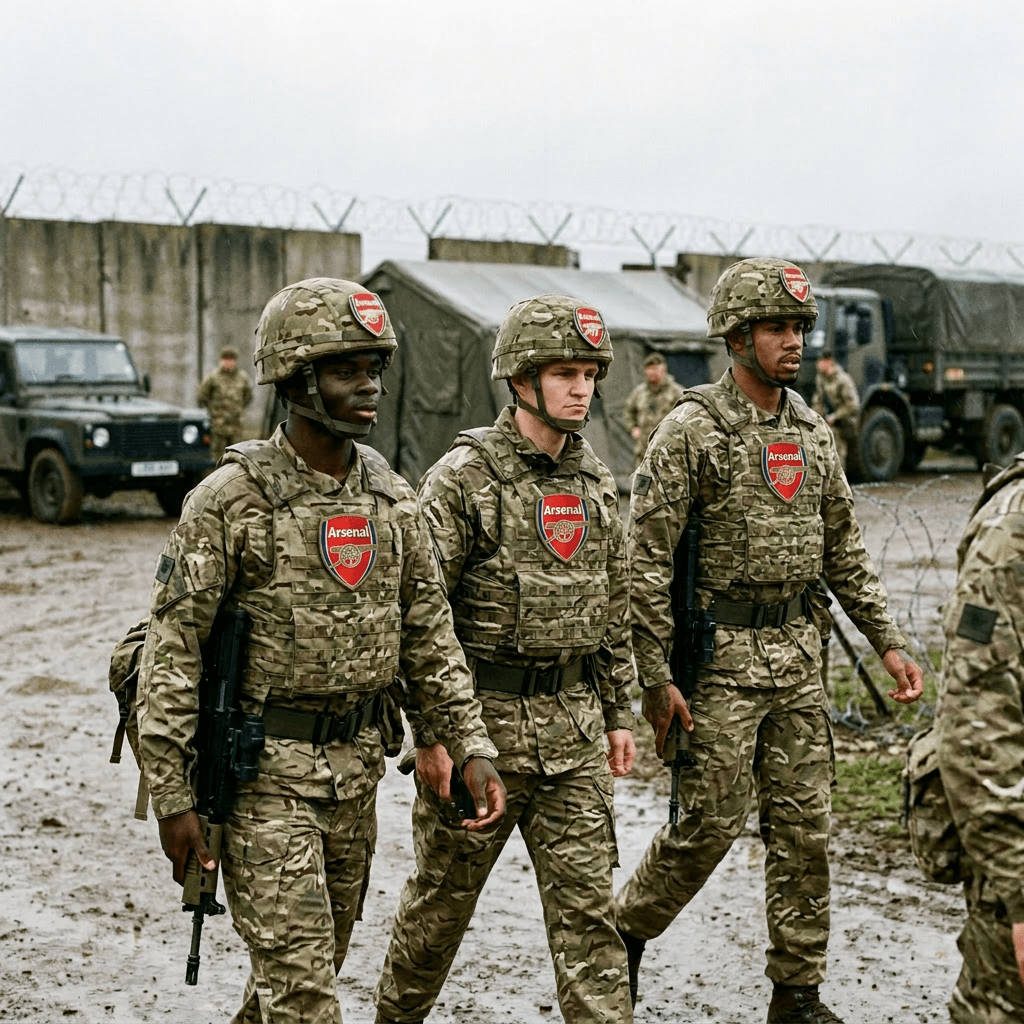 Three soldiers in camouflage uniforms and helmets walking with rifles at a military base