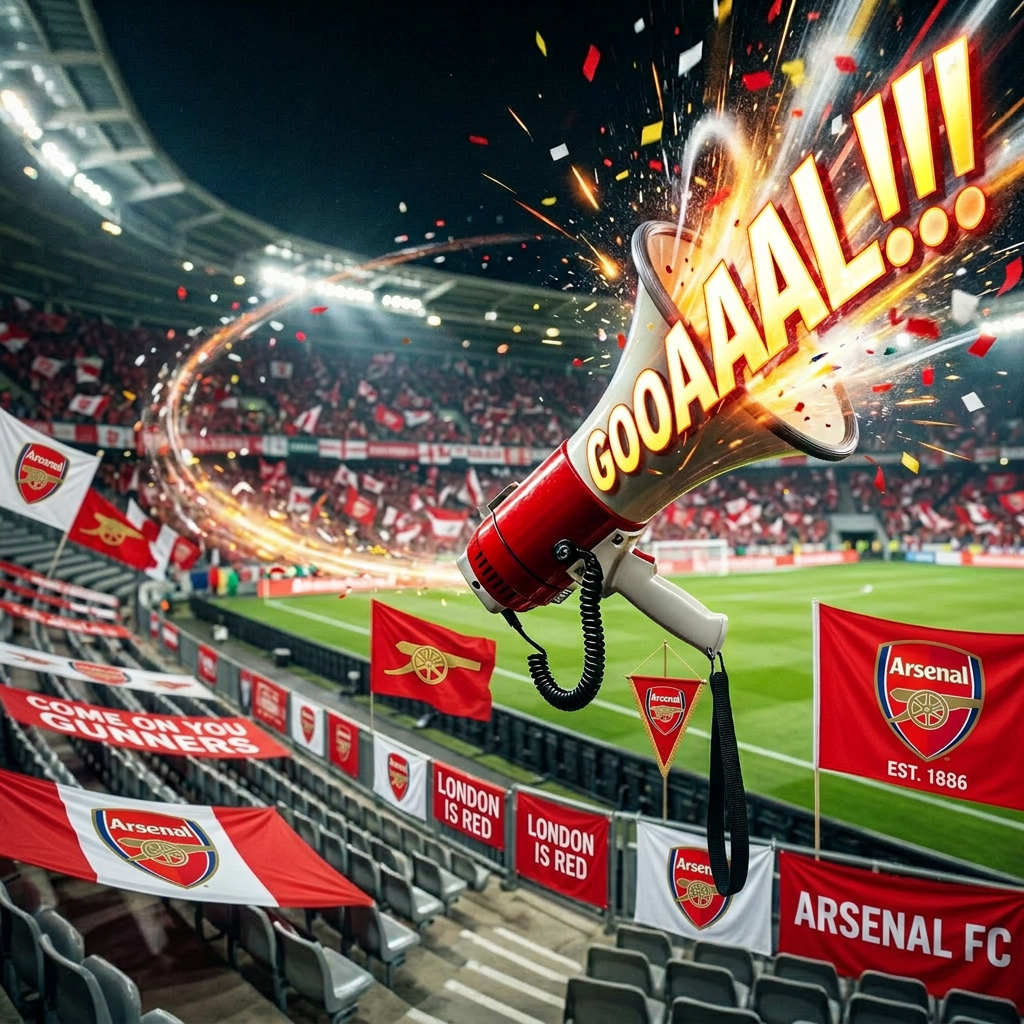 Soccer fan shouting through megaphone with GOAAAL!!! text in stadium crowd