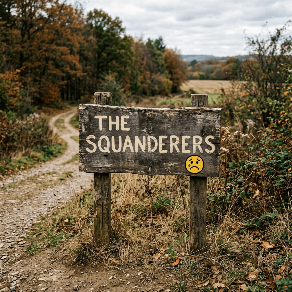 Wooden sign reading THE SQUANDERERS with sad face emoji beside a dirt road