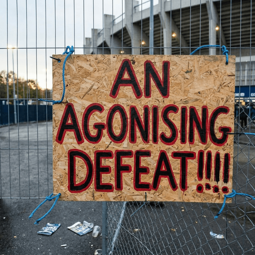 Wooden sign on fence saying 'AN AGONISING DEFEAT!!!' with crowd of fans walking outside stadium
