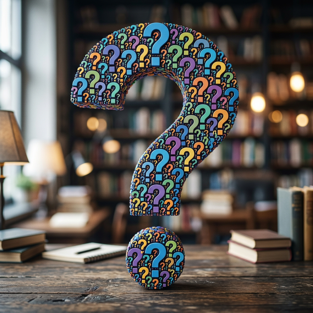 Large question mark composed of smaller multicolored question marks in a library