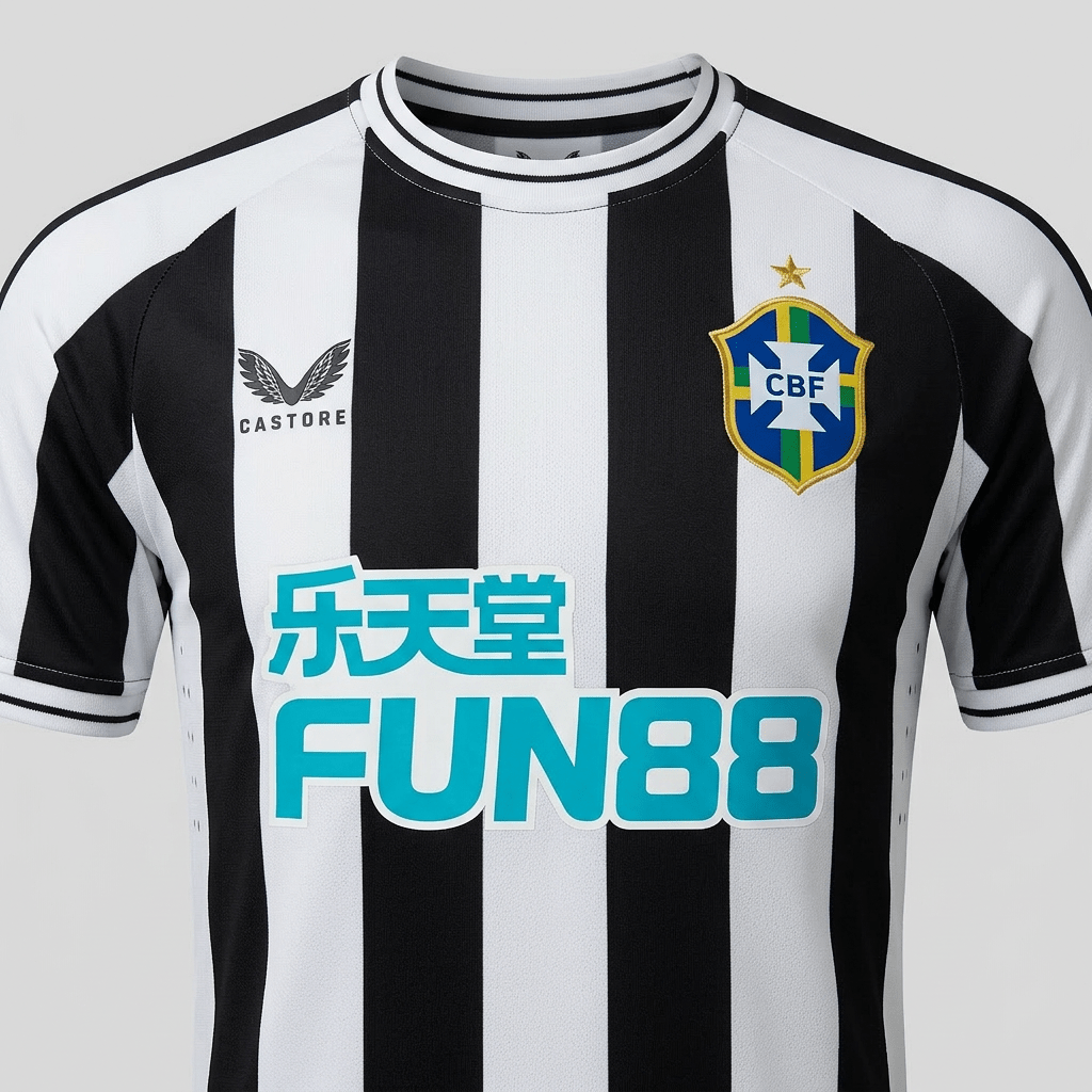 Newcastle United footballer running and smiling on the field with fans in the background