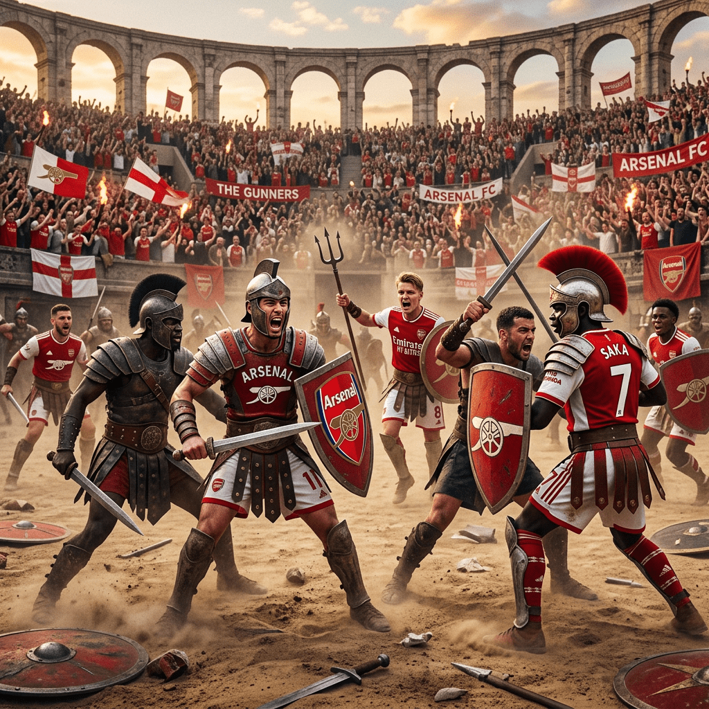Arsenal football players dressed as gladiators fighting with swords and shields in an ancient arena