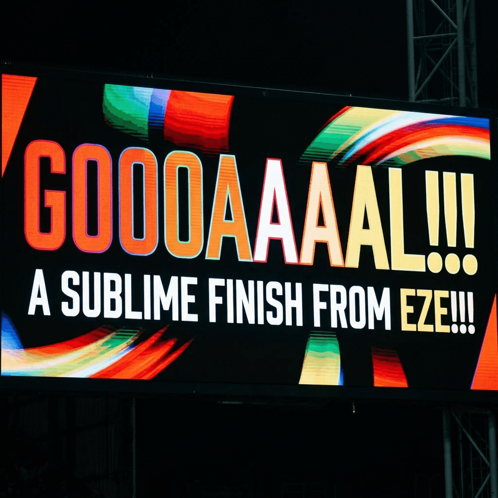 Stadium scoreboard displaying GOAL message and crowd cheering