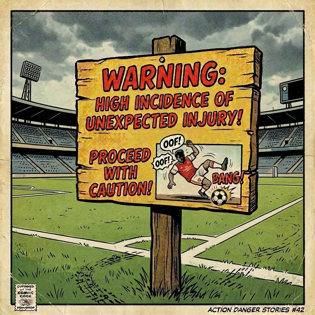 Comic-style wooden sign warning of high incidence of unexpected injury with illustration of person slipping on a rock