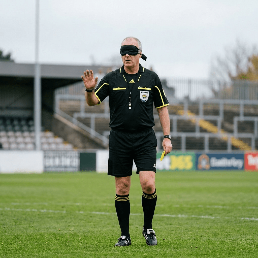 Blindfolded soccer referee holding up hand and yellow card during match
