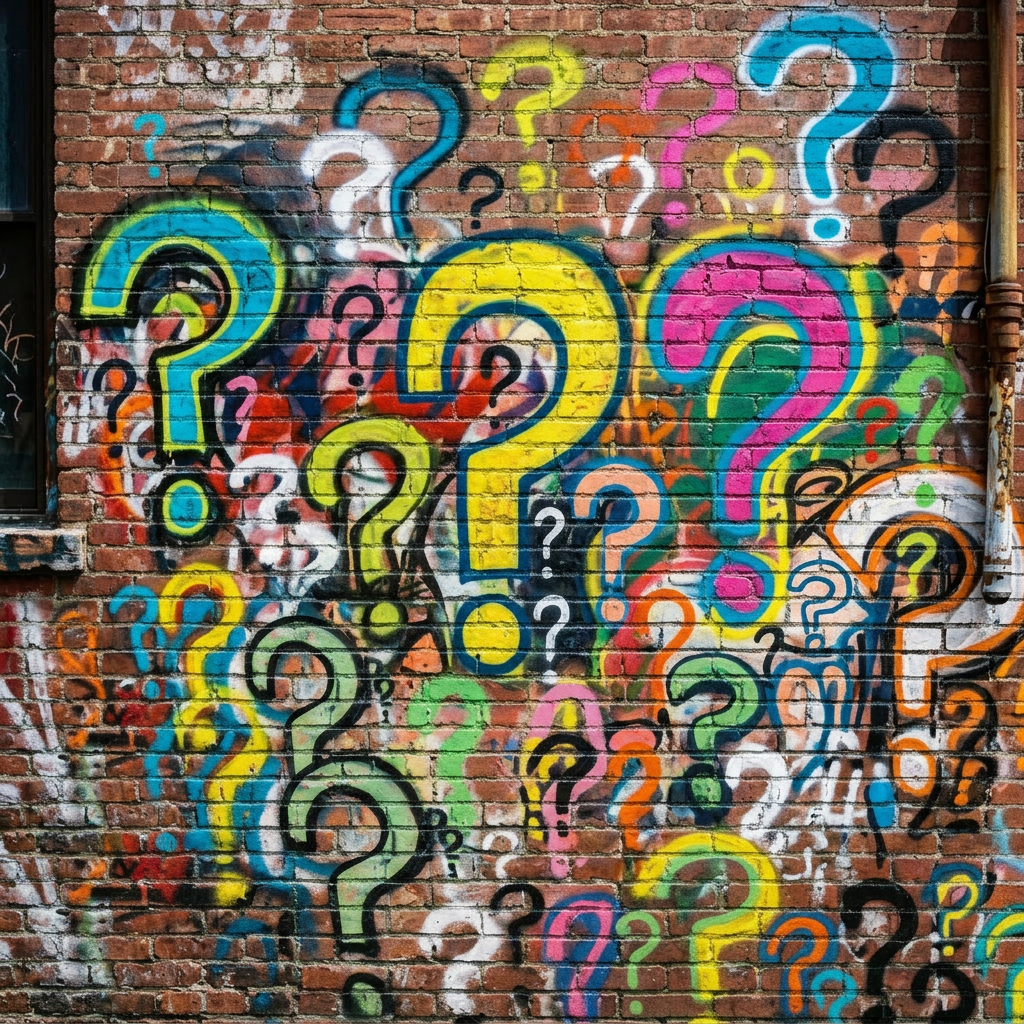 Brick wall covered in colorful spray-painted question marks