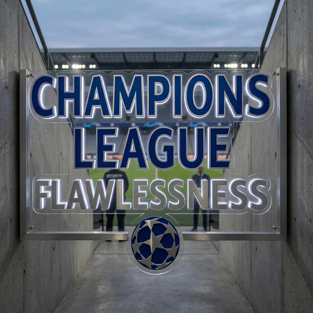 Illuminated Champions League sign with Flawlessness text at stadium