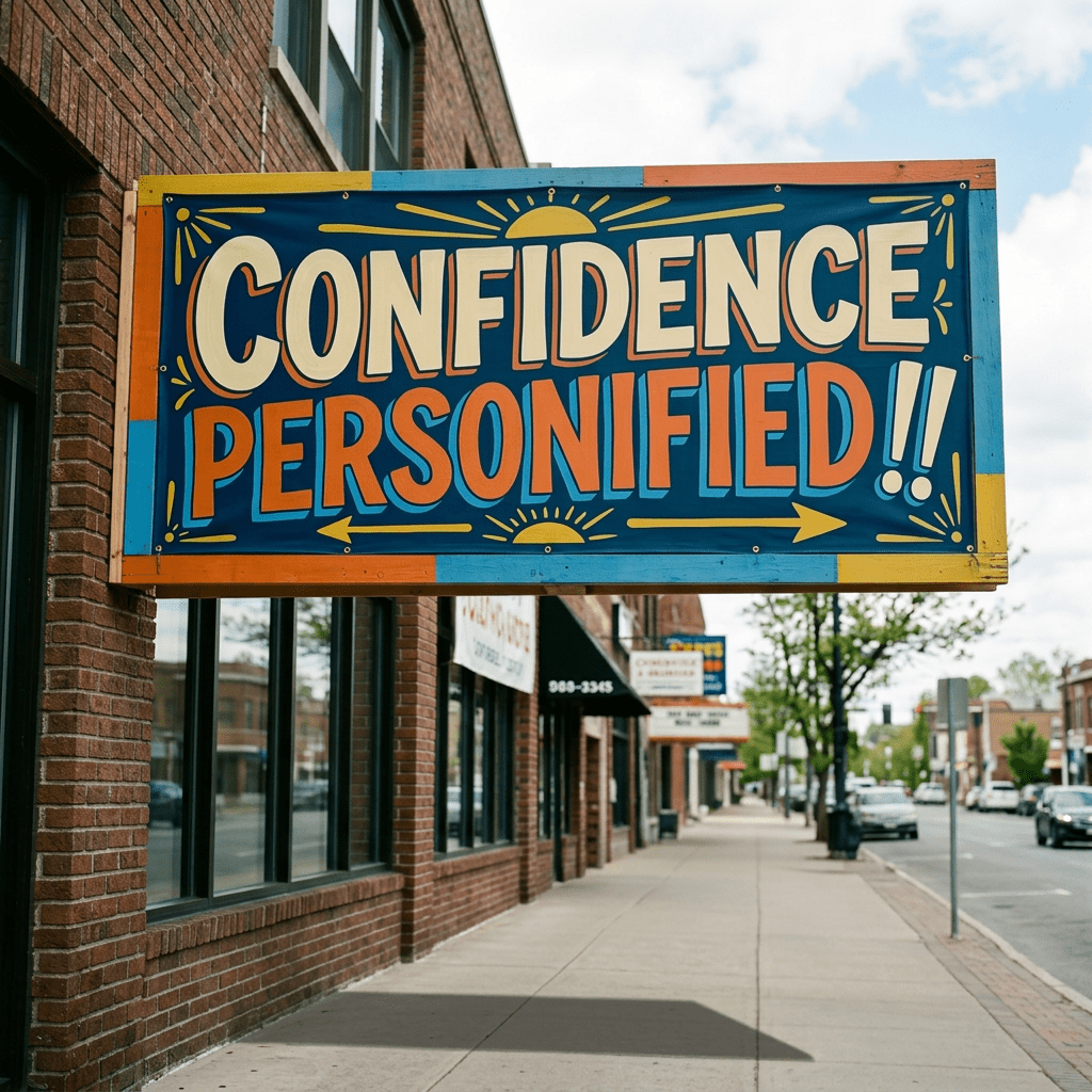 Large colorful sign with text 'Confidence Personified!!' above busy sidewalk with pedestrians