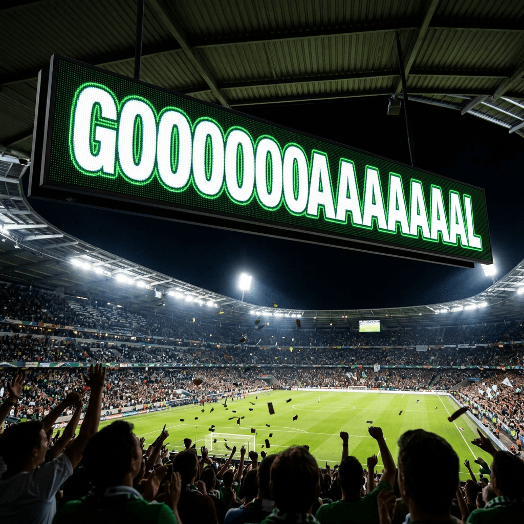 Digital scoreboard displaying the word GOOOOOAL with cheering fans and a lit football stadium at night