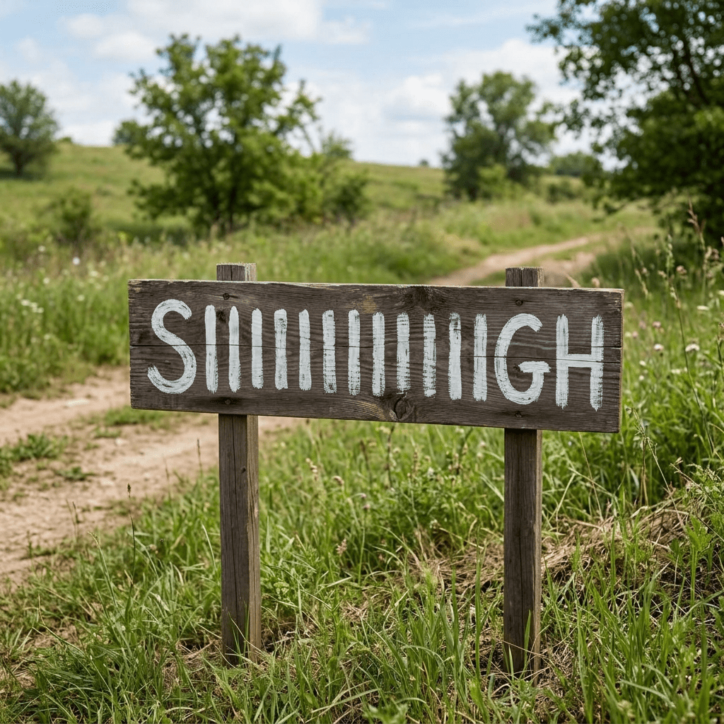 Wooden sign with 'Sllllligh' written in white near a dirt path surrounded by greenery