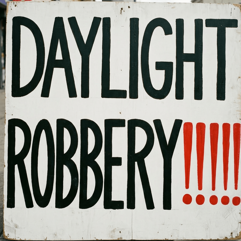 White sign on a city sidewalk reading 'DAYLIGHT ROBBERY!!!!!' in black and red letters
