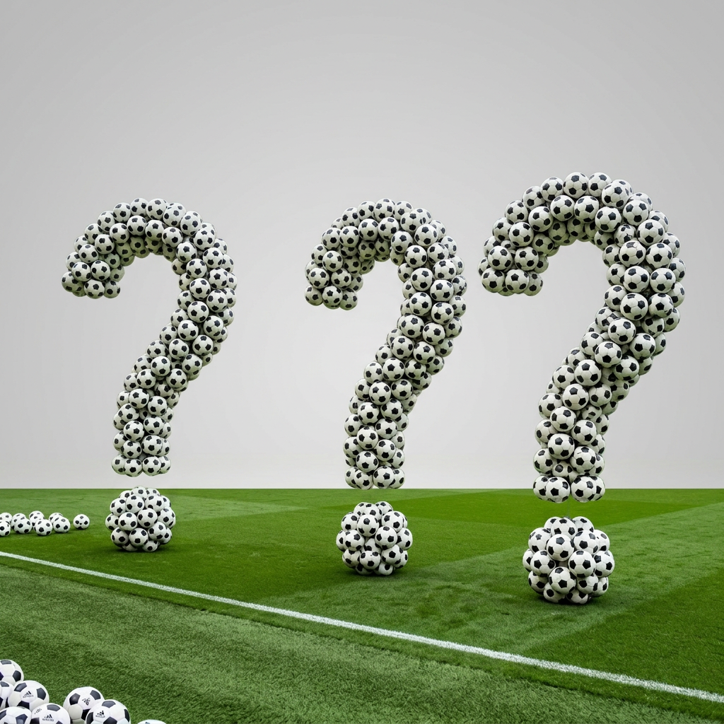 Three large question marks constructed from numerous black and white soccer balls on a green football pitch in front of a stadium crowd