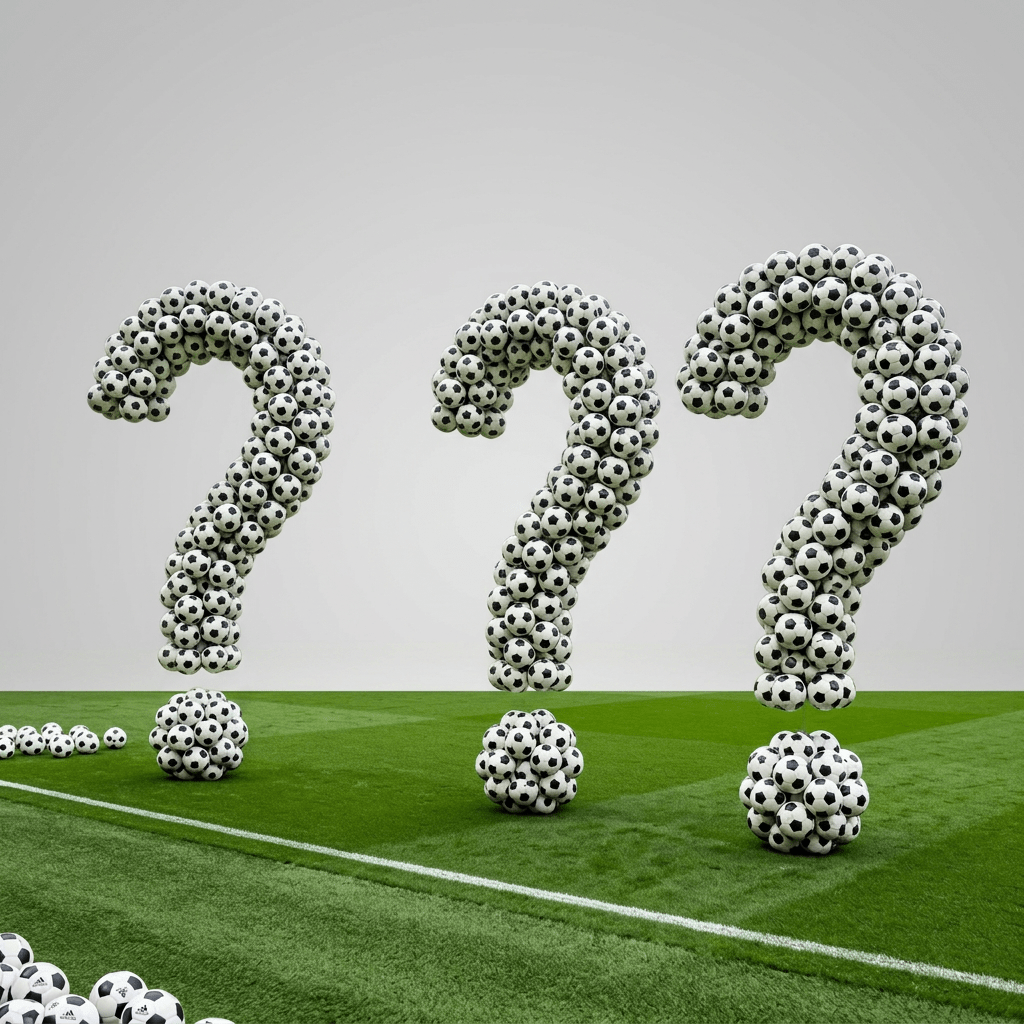 Three large question marks constructed from numerous black and white soccer balls on a green football pitch in front of a stadium crowd