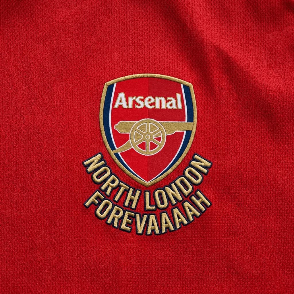 Arsenal football club crest with cannon logo and text 'North London Forevaaah' on red fabric