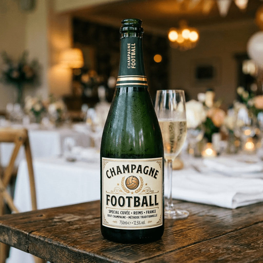 Bottle of Champagne Football on a wooden table with social gathering background
