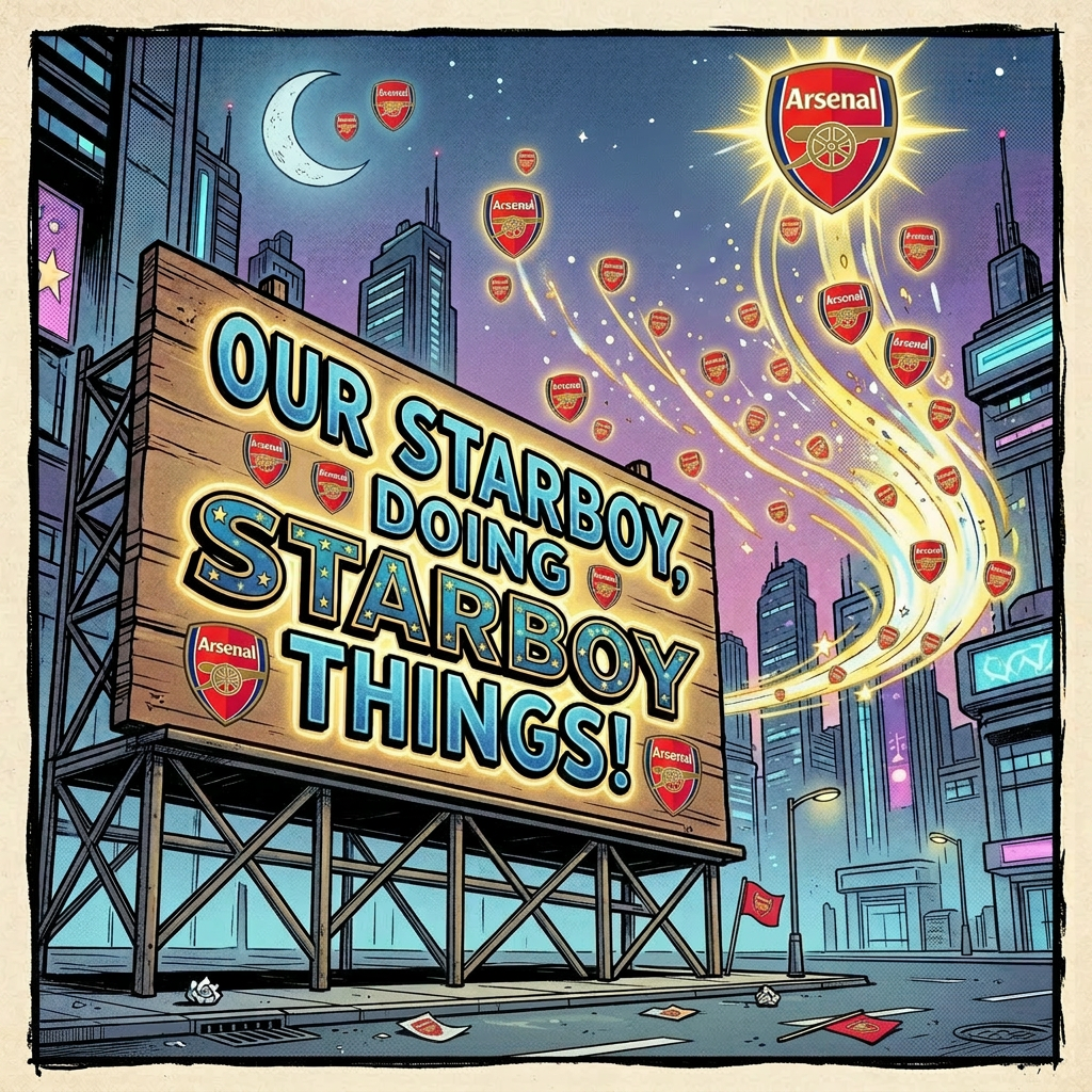 Superhero Starboy flying in front of a billboard reading 'OUR STARBOY, DOING STARBOY THINGS!'