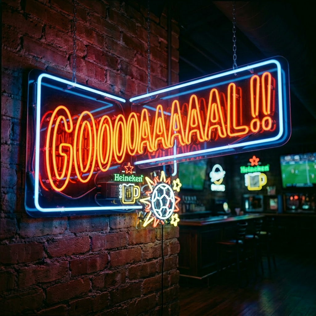 Neon sign reading GOOOOAAAL with soccer ball, fans celebrating in bar