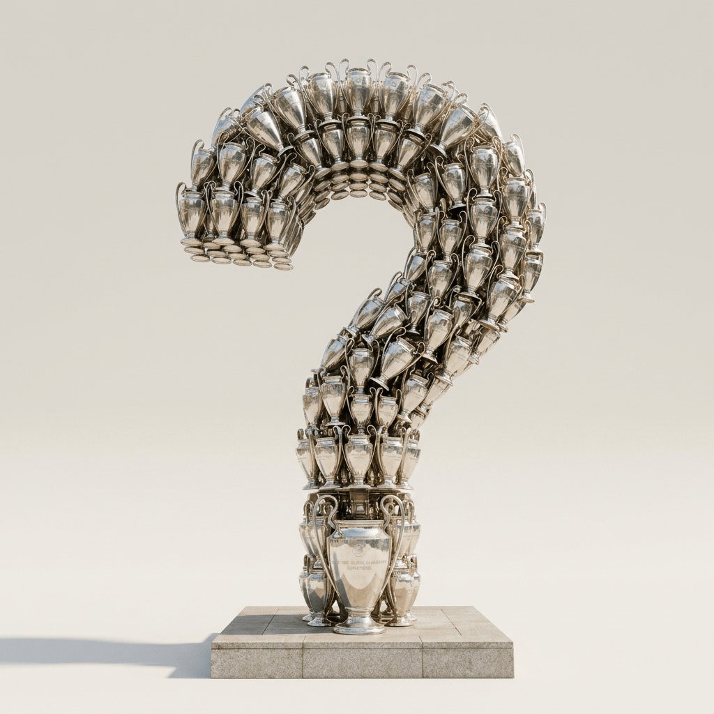 Sculpture made of multiple UEFA Champions League trophies arranged in a question mark shape in front of a stadium.