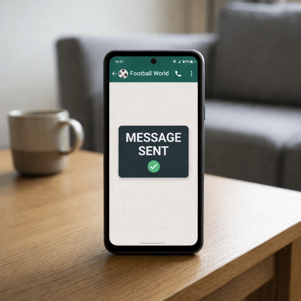 Smartphone displaying a chat conversation with a message sent confirmation.