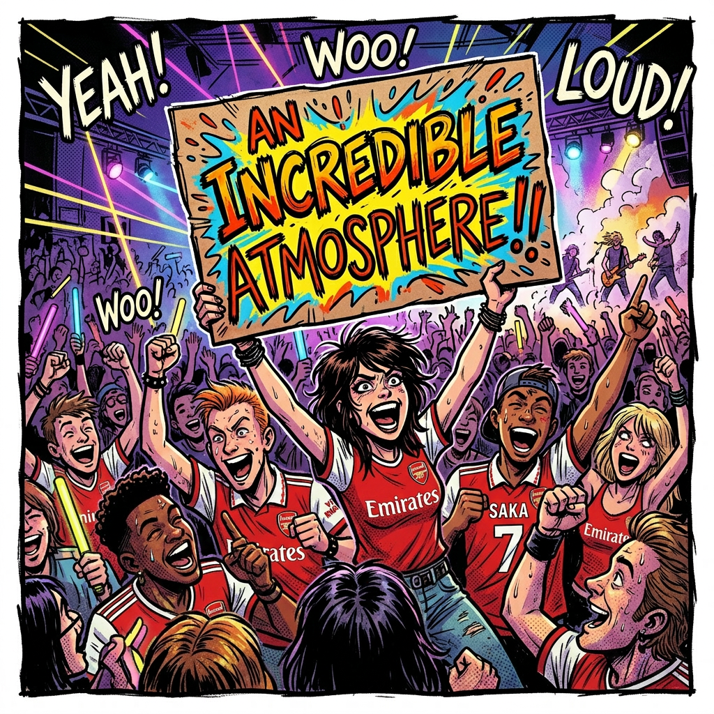 Excited concertgoers cheering with a sign reading 'An Incredible Atmosphere'