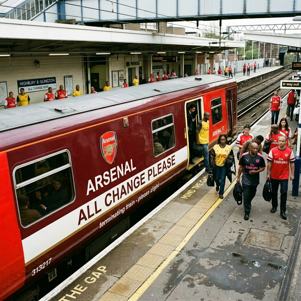 London Underground train at Highbury & Islington station with Arsenal branding and passengers walking on platform