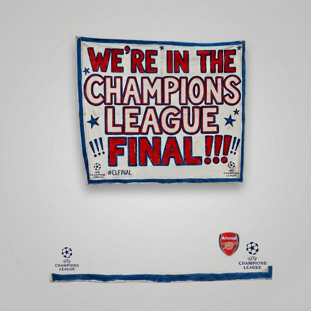 Football fans holding a banner saying 'We're in the Champions League Final' at a stadium