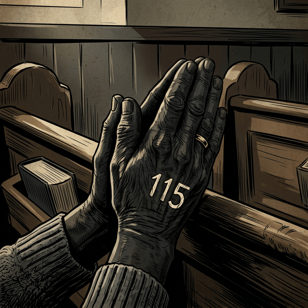 Elderly hands pressed together in prayer with number 115 tattooed on one hand