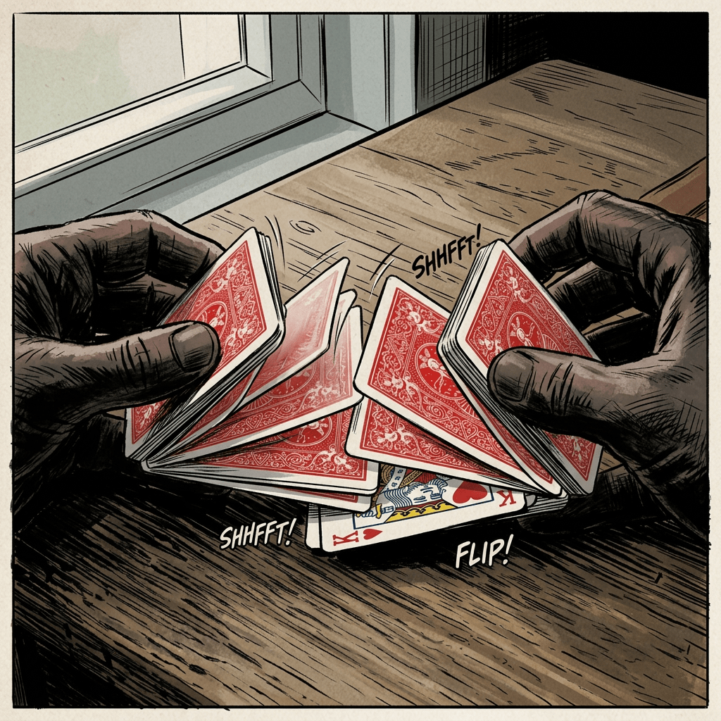 Two hands shuffling a deck of red-backed playing cards showing a King of Hearts